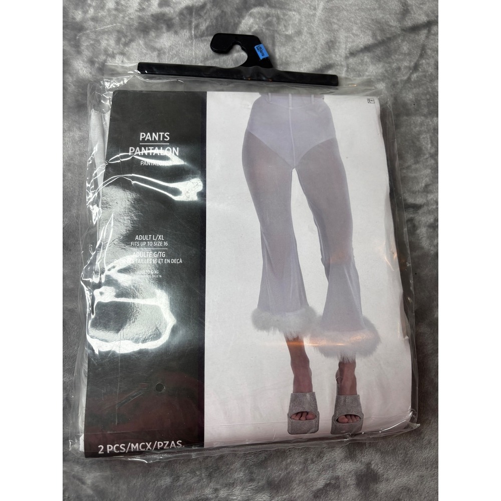 White Mesh Flared Pants with Faux Fur Trim 2pc Set Adult L/XL Fits Up to Size 16